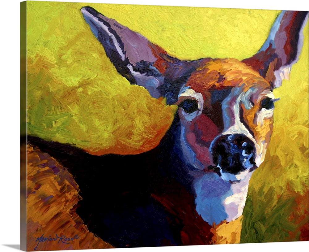 Abstract painting on canvas of a deer with long brush stroke textures.