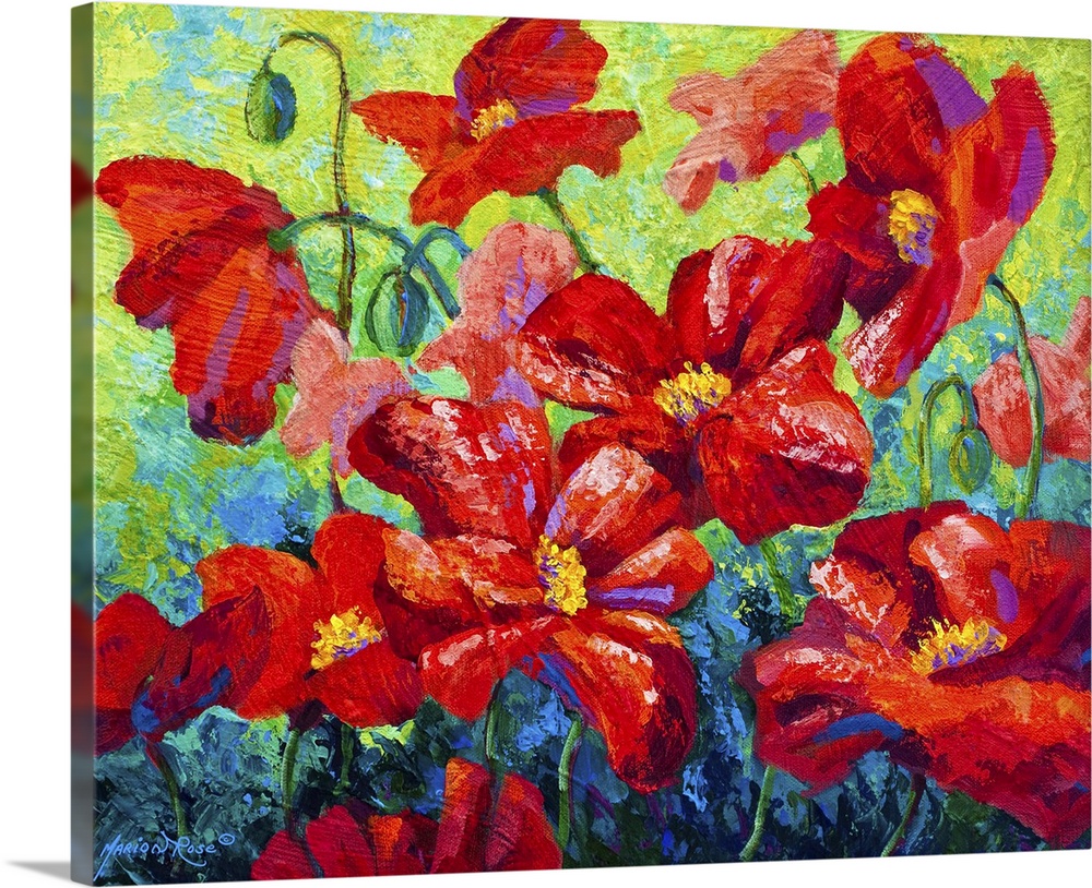 A contemporary painting of large floral blossoms created with heavily textured brushstrokes.