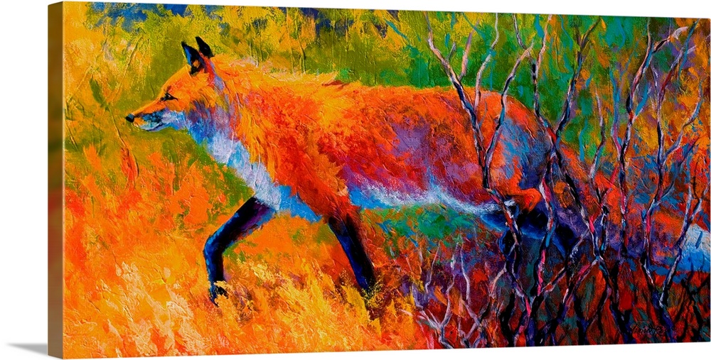Contemporary artwork that uses vibrant colors to paint a fox as it walks through a grassy field.