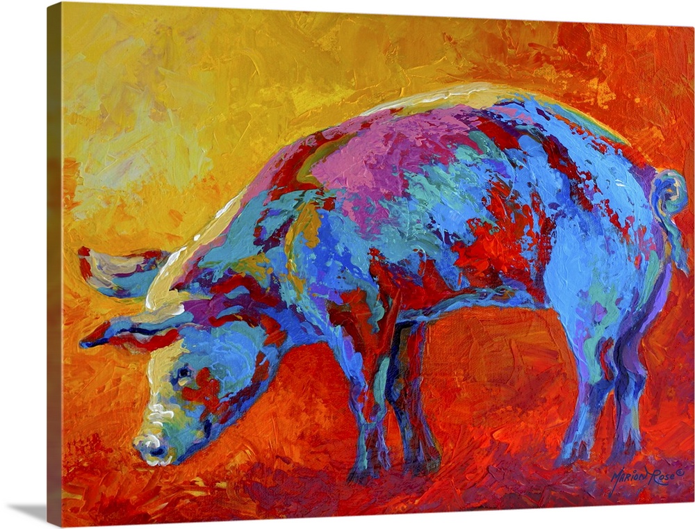 Vibrant tones are used to paint a picture of a pig that is surrounded by fiery colors.