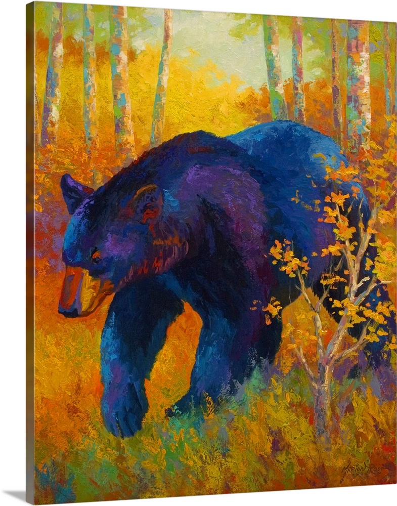 Large, portrait painting of a giant black bear walking through a clearing in a forest of brightly colored foliage.  Painte...