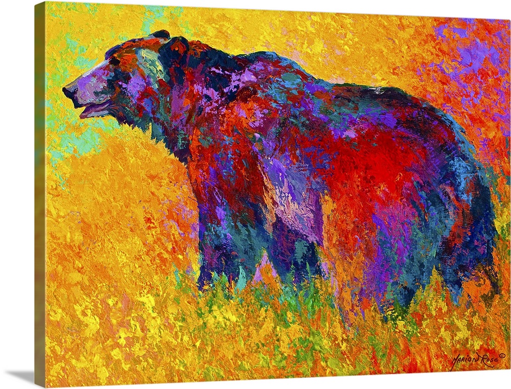 Abstract painting on canvas of a bear made up of multicolored brushstrokes.