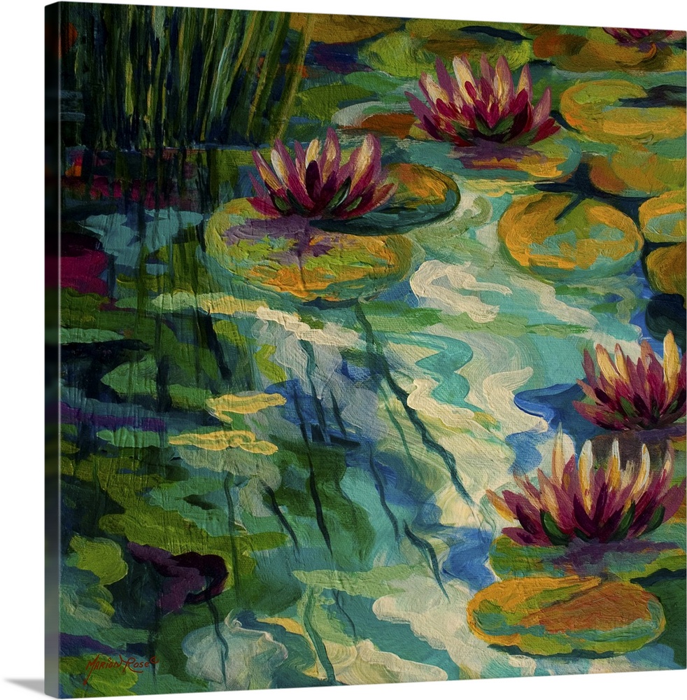Contemporary painting of lilly pads and lotus flowers sitting on a colorful pond with the afternoon sun casting shadows on...