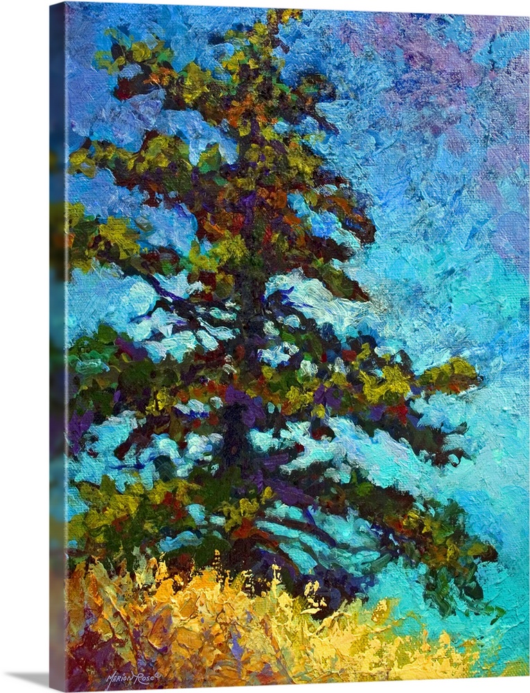 Portrait painting for a living room or office of a single large pine tree on a hill of golden grasses, against a vibrant b...