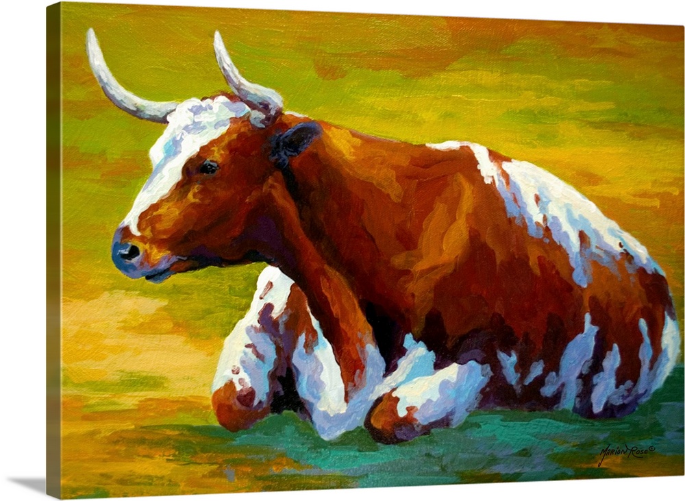 Large painting of a cow in a field.
