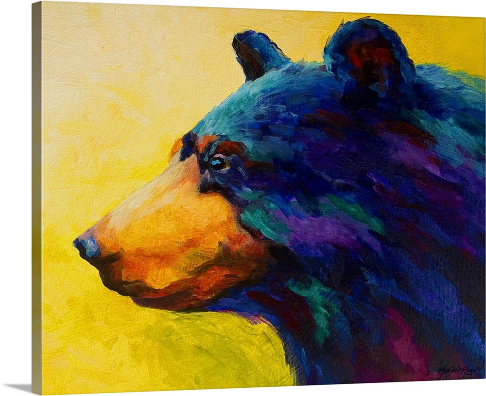 Various cooler colors are used to paint a portrait of a bear which is surrounded by a painted yellow background.