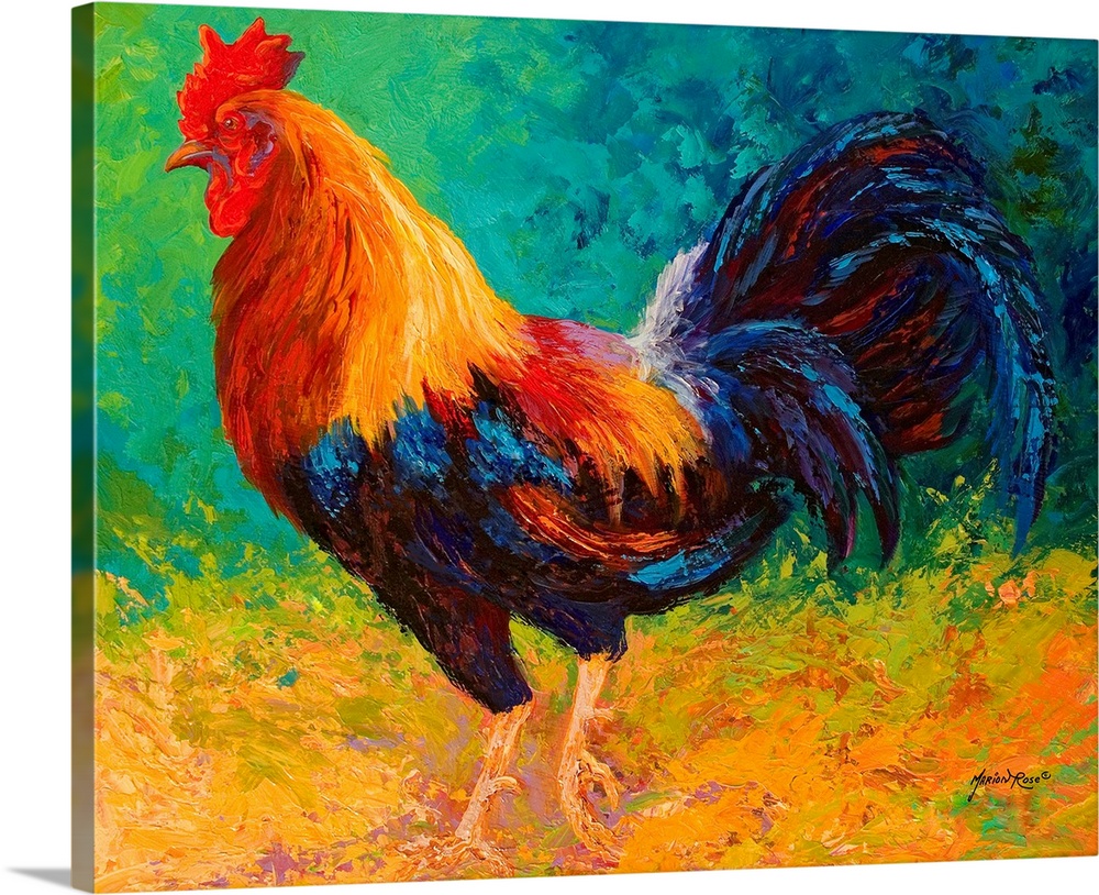 Painting on canvas of a rooster with lots of colors.