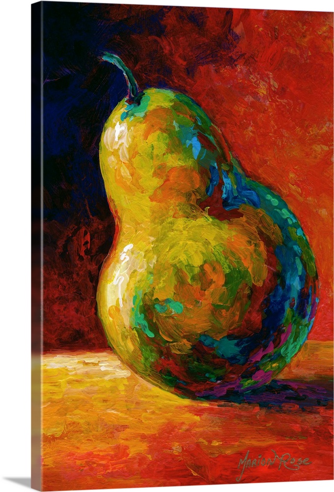 Contemporary artwork of a single pear resting on a table and casting a shadow, done in bold colors.