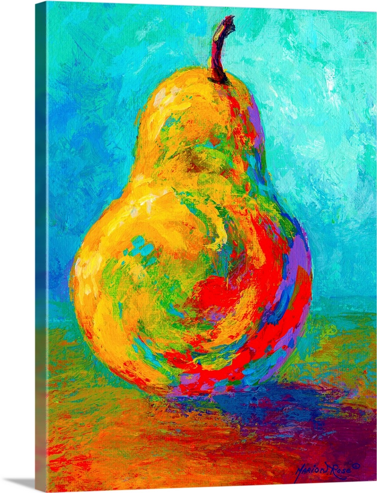 This vertical painting of a single piece of fruit balanced up right on the table uses vivid an unexpected colors to show t...
