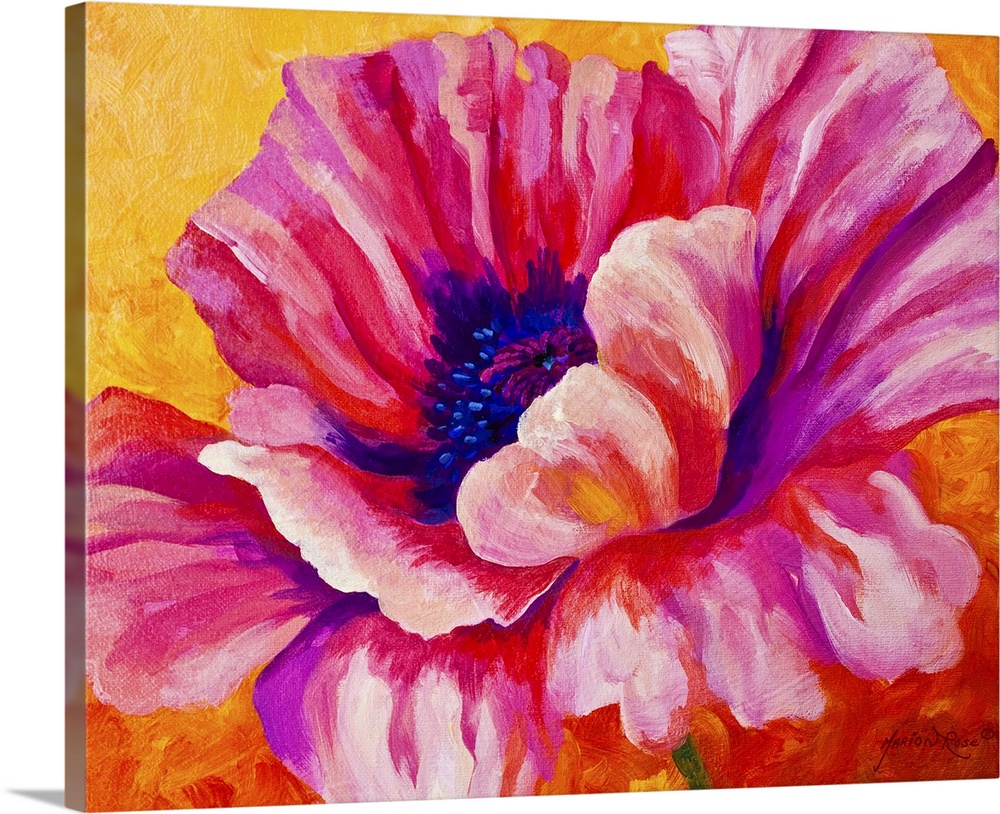 Contemporary floral painting of a giant blooming pink poppy flower on a bright, textured background.