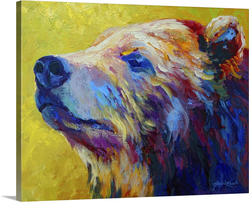 Big, horizontal painting of the face profile of a grizzly bear, painted with flowing brushstrokes in vibrant, exaggerated ...