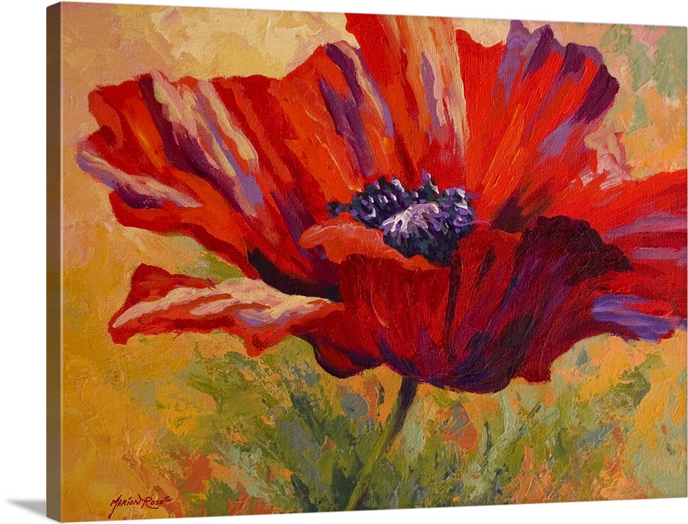 Big contemporary art focuses on a single brightly colored flower positioned in front of a background that includes a mixtu...