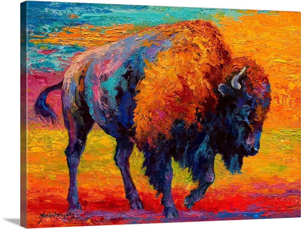 A contemporary artwork piece of a bison that uses various colors for the bison and the background.