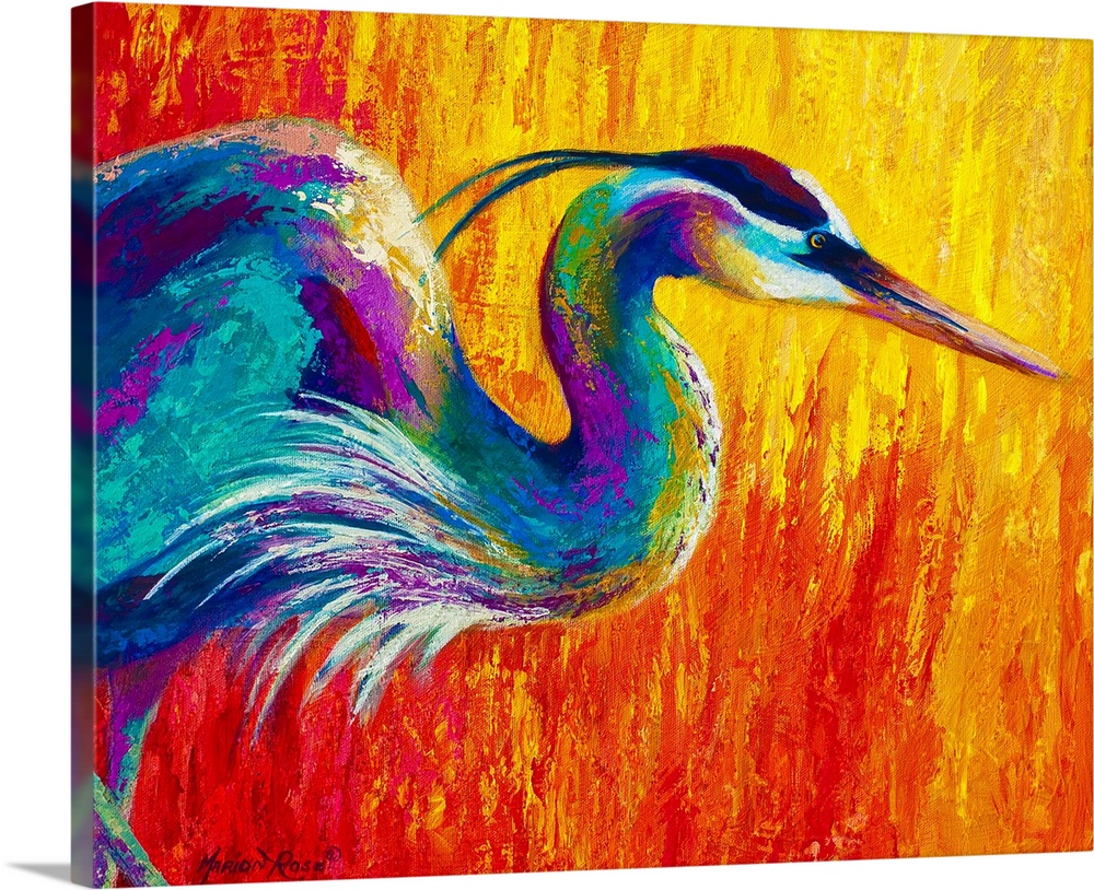 Contemporary art painting of a bright colored egret bird on a firey background.