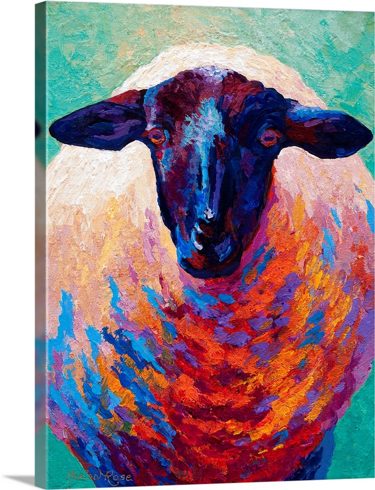 This is a contemporary painting of a sheep where the shadows have been painted with vivid and uncommon colors not normally...