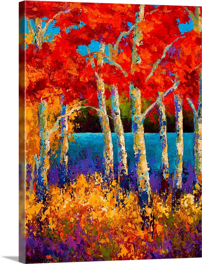 Vertical abstract painting of a forest made up of bright colors.