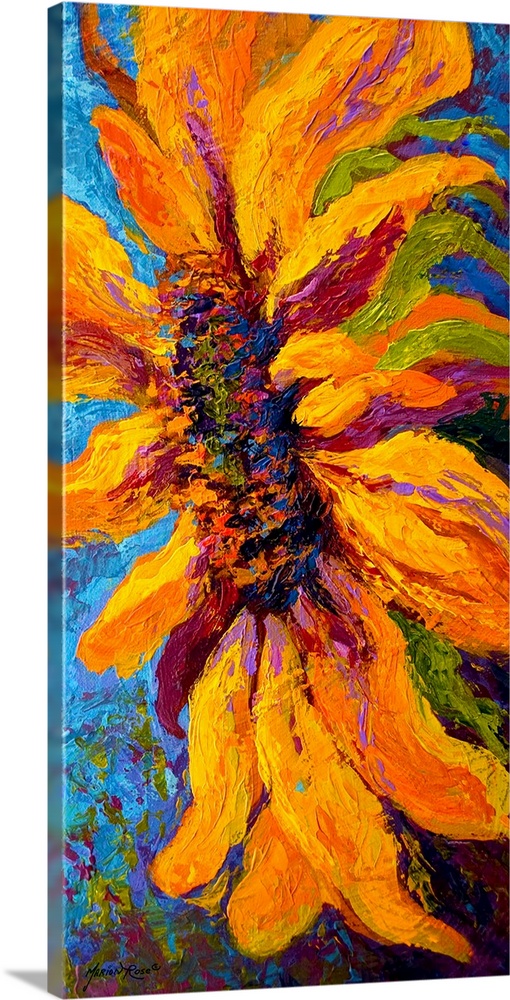 A contemporary painting of a sunflower from the side that uses various colors for the center and the petals.