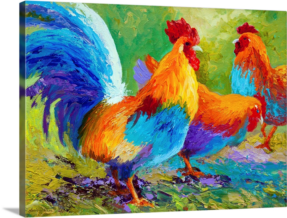 Bright colors are used to paint three roosters grouped together against a green background.