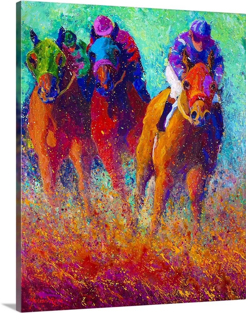 This is a vertical painting by a contemporary artist that uses vivid and unusual colors to show race horses with jockeys r...