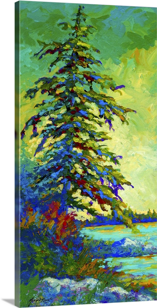 Tall painting on canvas of a tree beside the water made up of brush strokes.