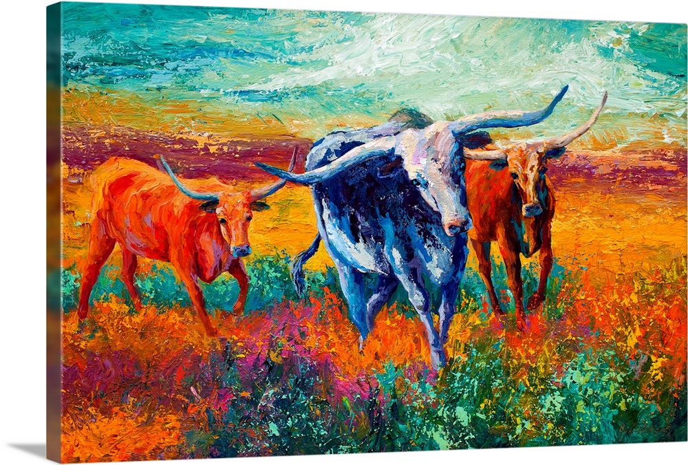 Impressionalistic painting of three longhorn cattle walking in a field. Mixture of cool and warm tones.