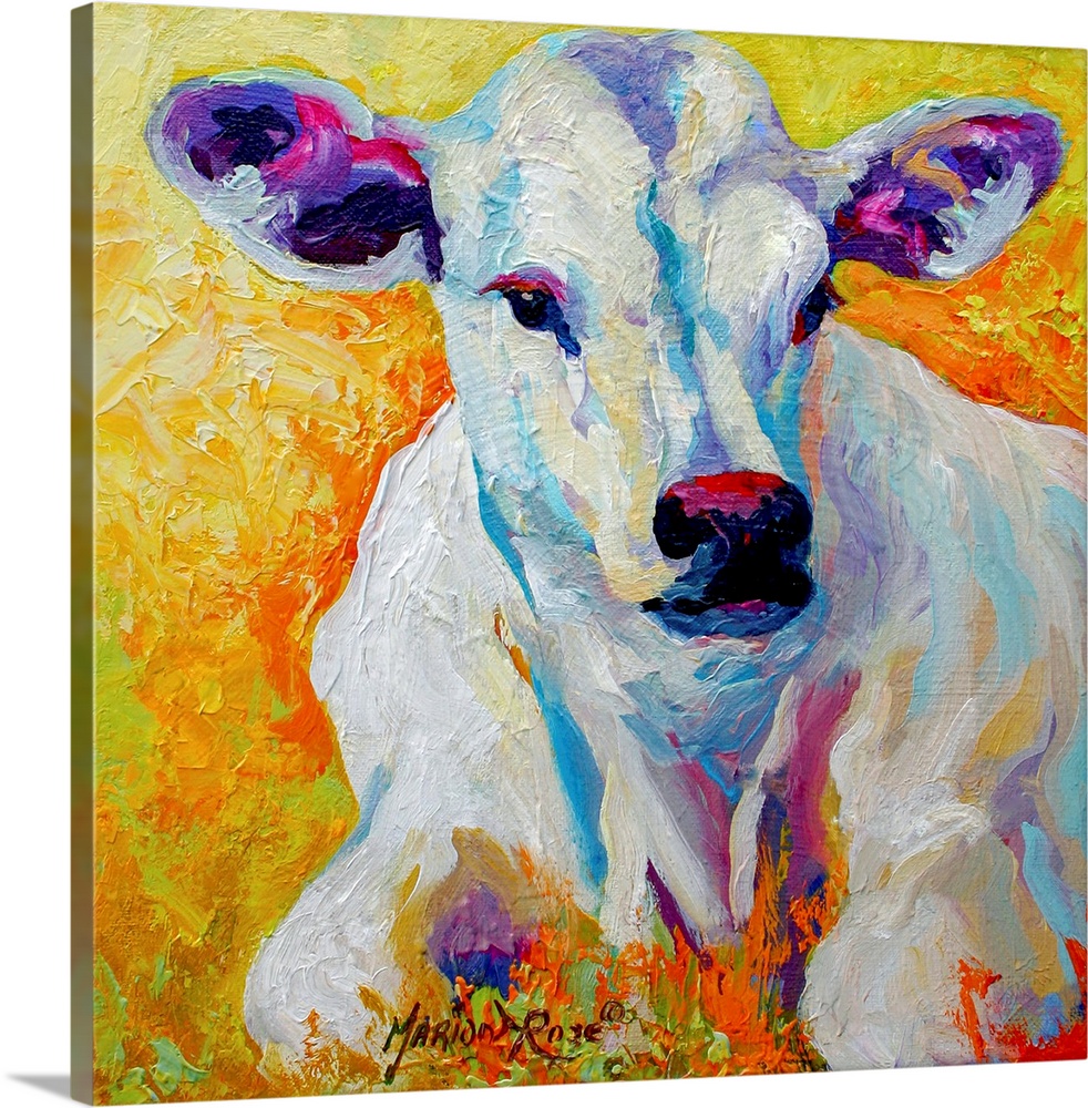 Contemporary painting of a young cow with soulful eyes and large ears, its white body standing out against the brightly co...