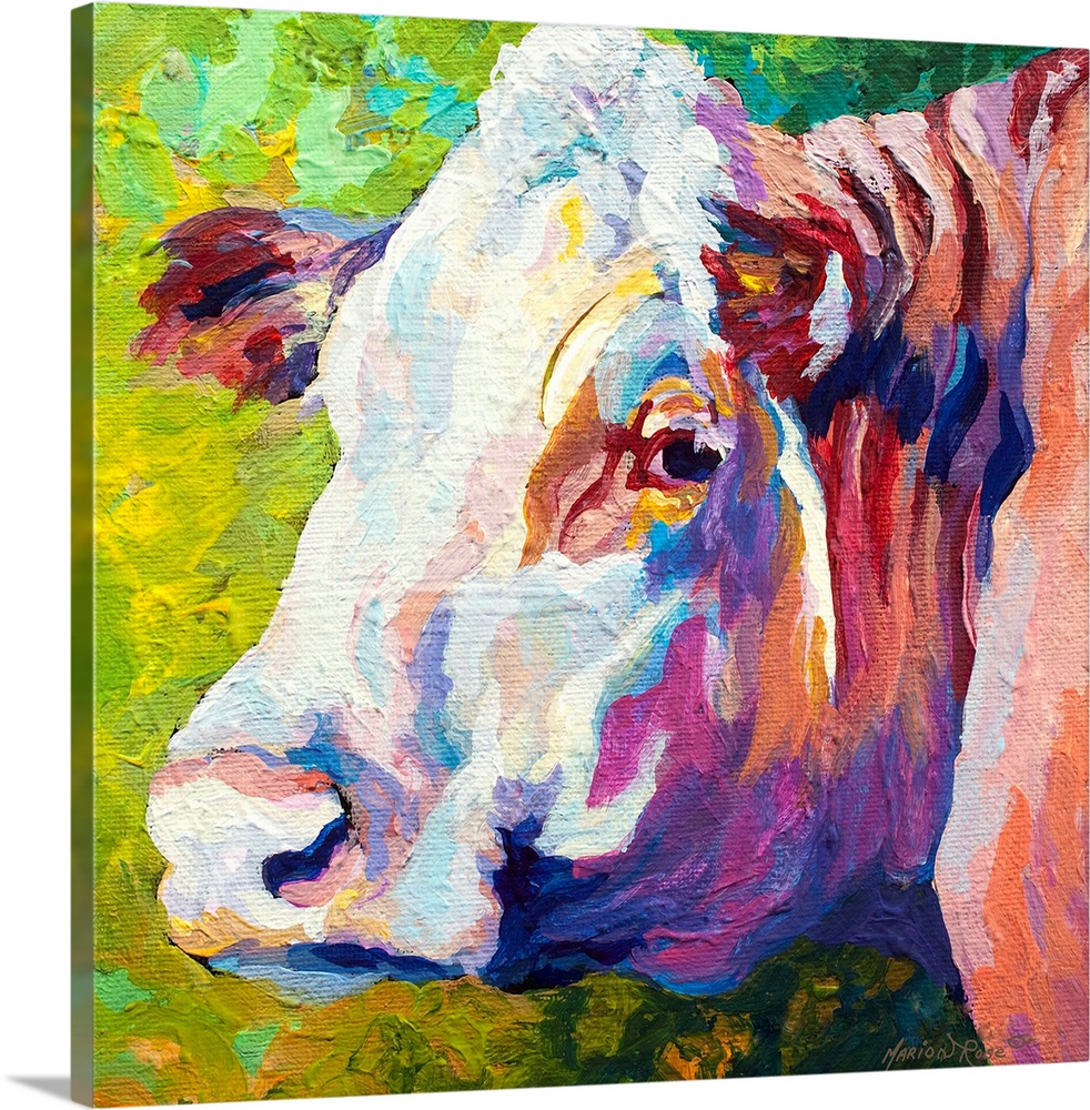 A portrait of a cow is painted as it turns its head to look backward.