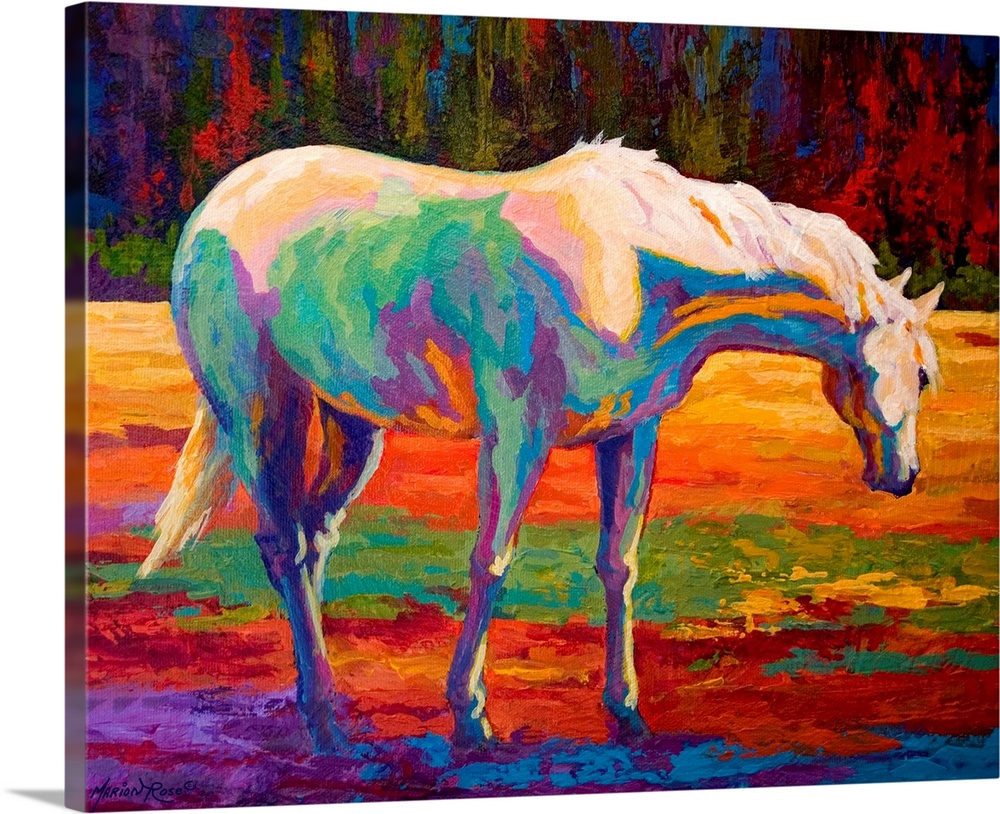 Large landscape painting of a horse grazing in a field.  Painted with a variety of bright colors that are used to create h...