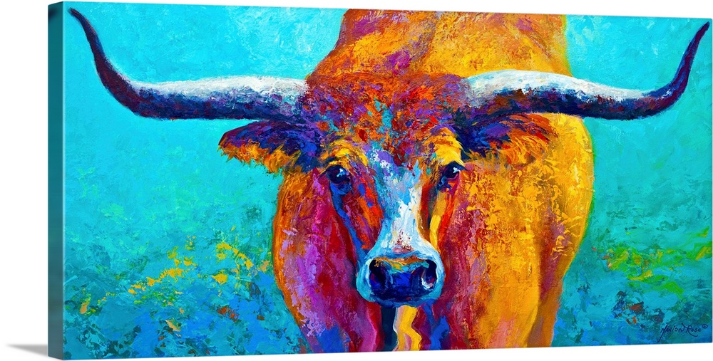 Oversized, landscape, decorative painting of a bull looking straight ahead, with large horns extending the entire width of...