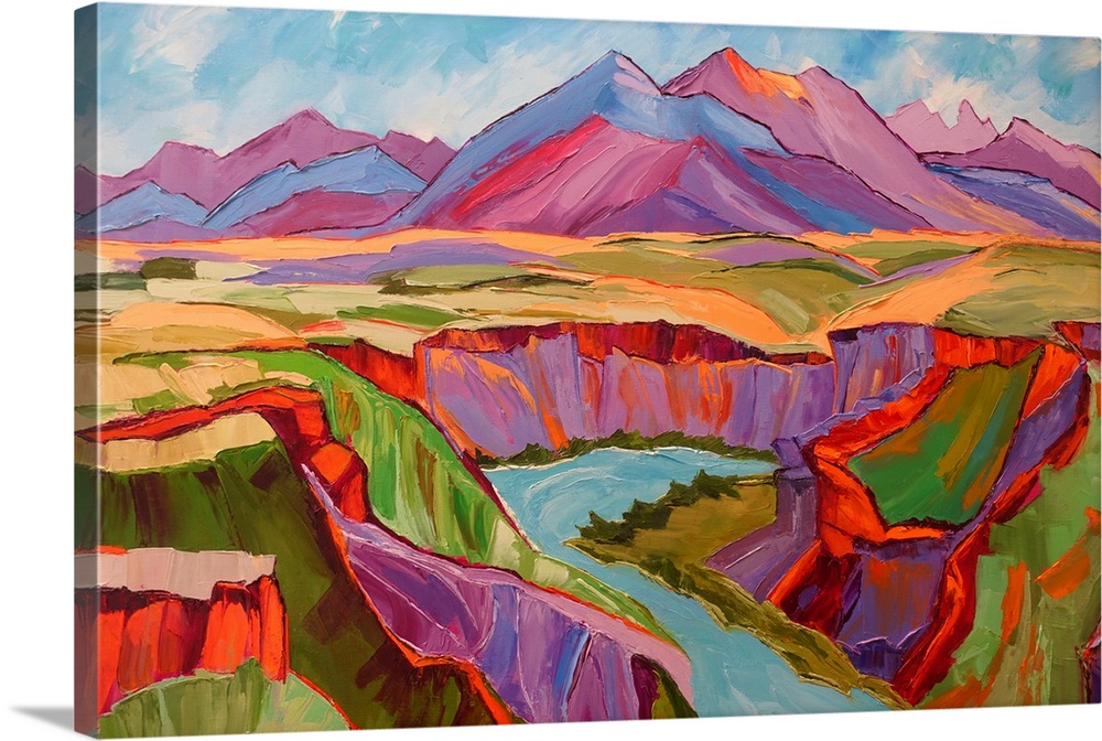 View of Southwest with mountains, river, and cliffs in vivid color.