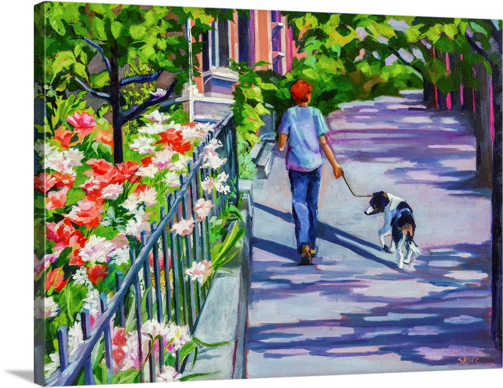 Brooklyn Heights resident walking dog down city street.