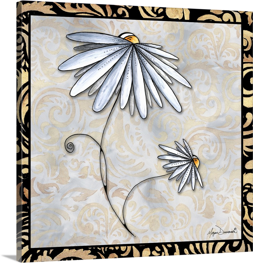 A decorative panel featuring a painting of two daisy flowers with a damask border.