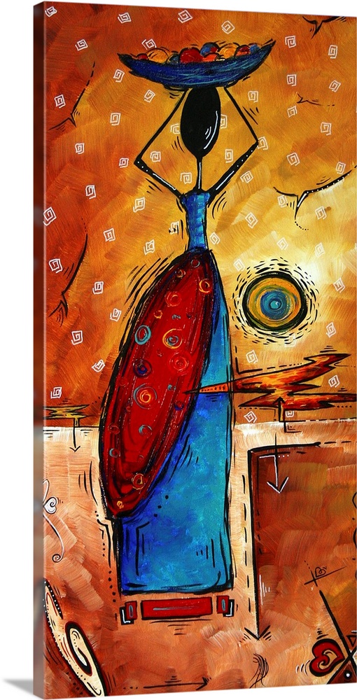 Abstract artwork of an African woman holding a bowl of fruit on her head.