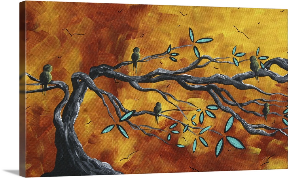 Canvas painting of five birds sitting on tree branches with a warm sunset made up of broad brush strokes in the background.