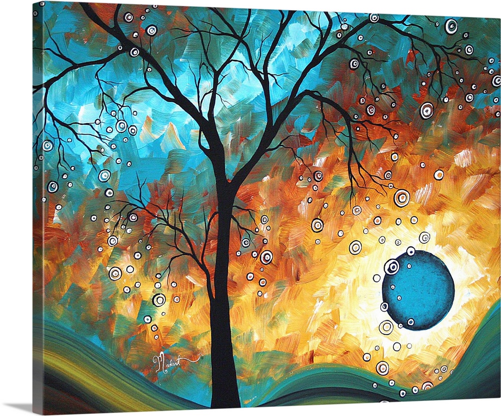 This is an abstract painting of a silhouetted tree in front of a multi-hued psychedelic landscape.