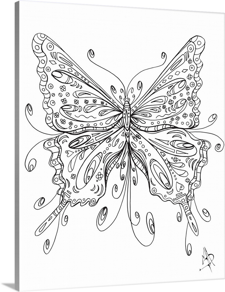 Black and white line art of a butterfly with large, patterned wings.