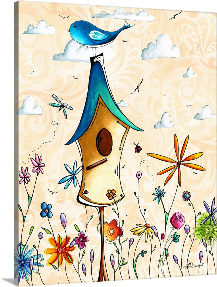 Charming illustration of a little bird sitting on top of a colorful bird house in a field of flowers.