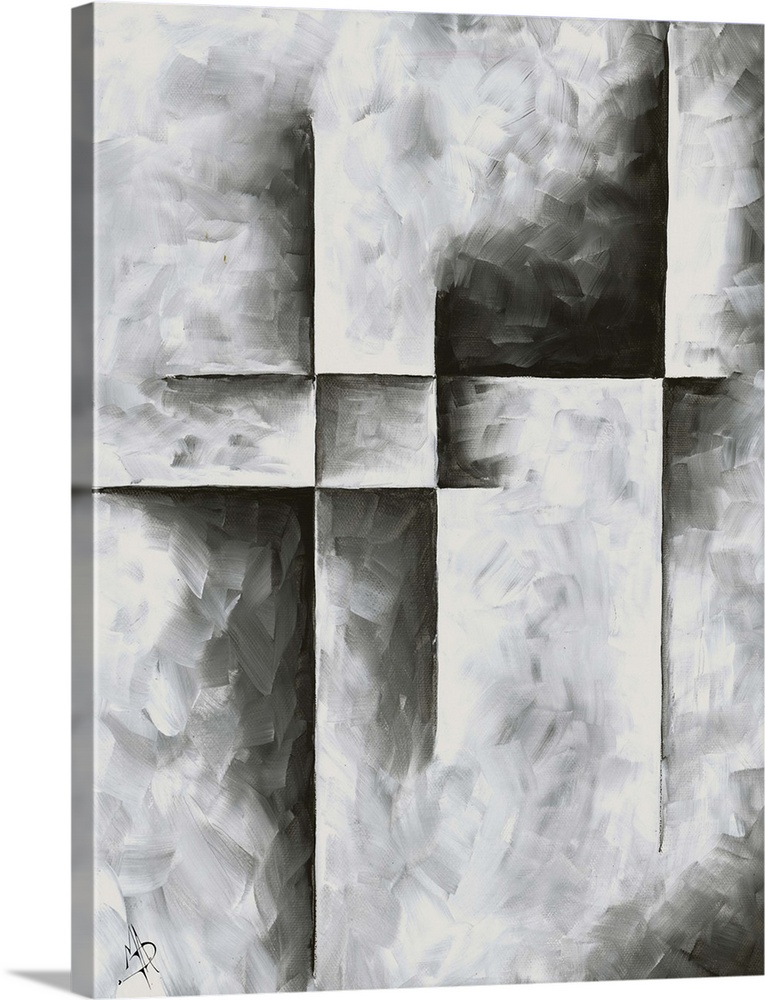 Contemporary abstract painting in grey and black shades.