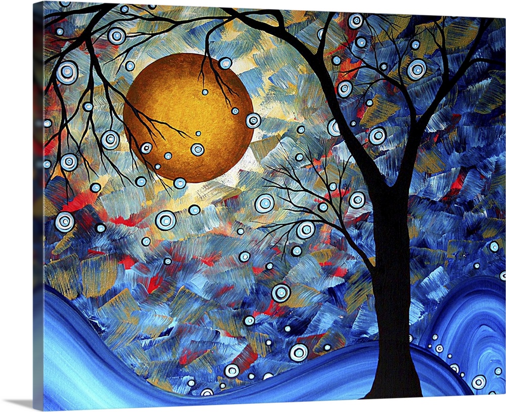 Abstract artwork perfect for the home or office of a silhouetted tree that has small blue circles on its branches and a wa...