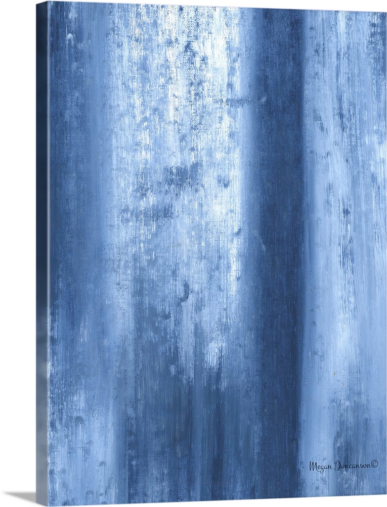 A contemporary abstract painting that has fading blue tones and white running vertically and gently down to the bottom.