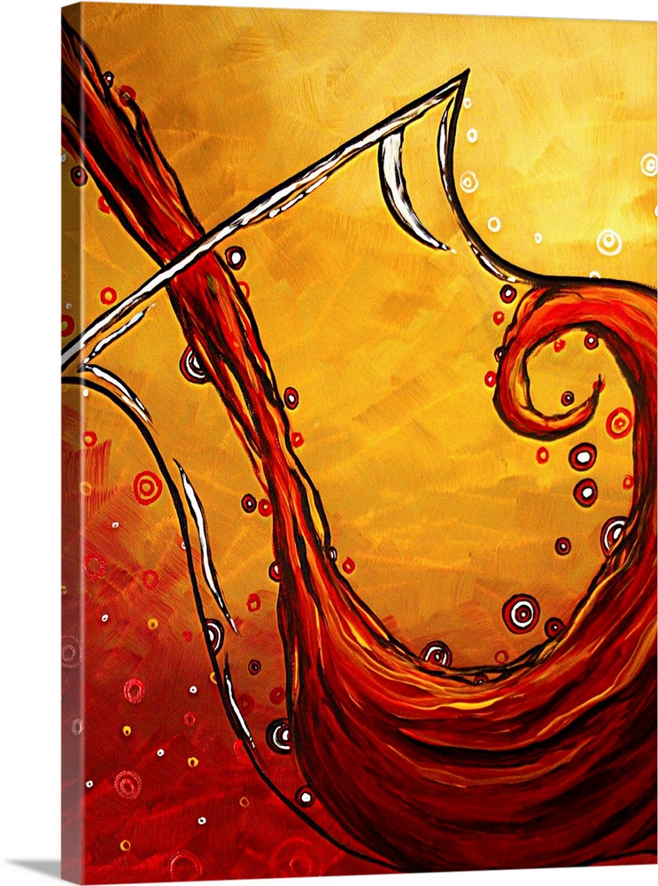 Contemporary artwork of wine being poured into a glass and swirling around with small bubbles.