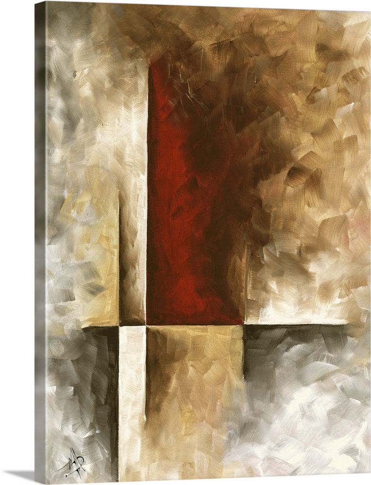 Contemporary abstract painting in deep, earthy tones with rough texture.