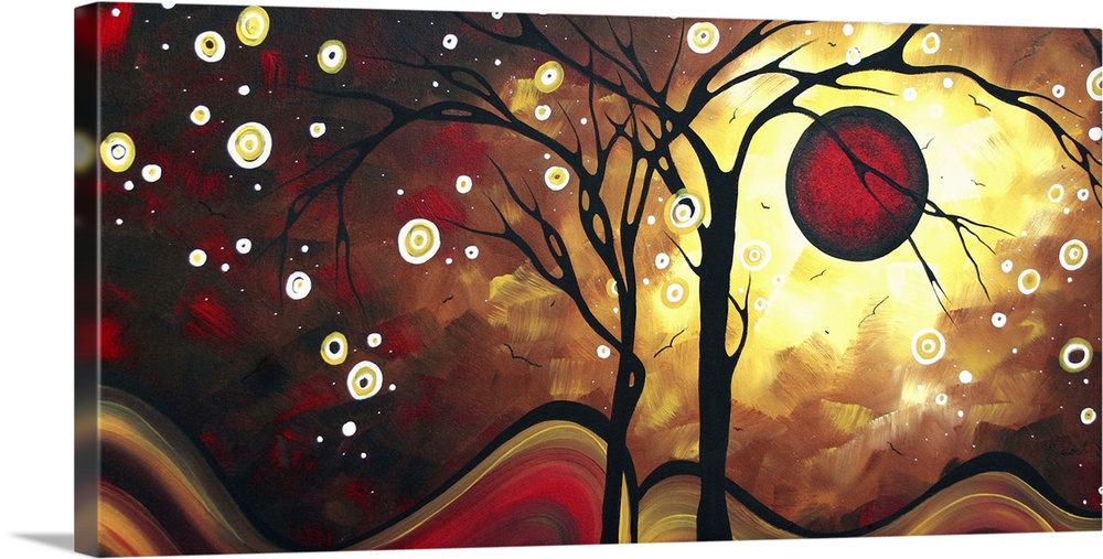 Abstract artwork that has a silhouette of two trees with a deep red sun behind them and white circles hang off the branches.