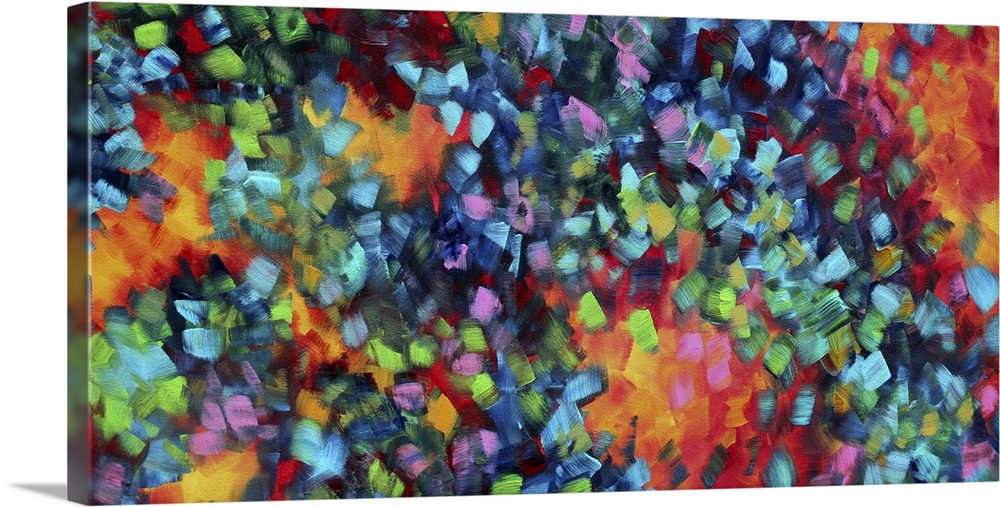 Abstract artwork that has lots of bright colors painted in tiny squares and grouped together by warm and cooler tones.