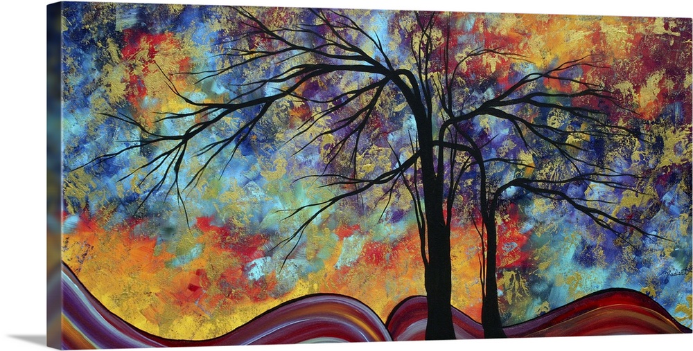 Contemporary painting with the silhouettes of trees against a bright sponged background with swirls of color below.