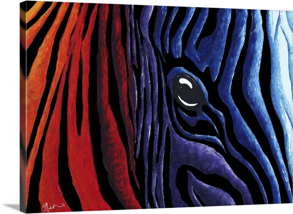 An original contemporary and colorful zebra painting. Crimson red flows into stripes of purple that blends into deep blue ...