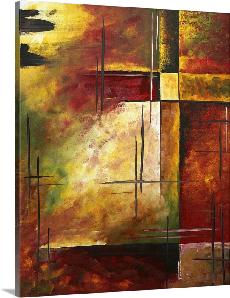 A vertical painting of linear shapes and warm sunny colors in this decorative accent for the home or office.