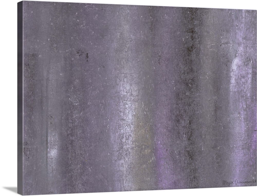 A contemporary abstract painting that has light purple and gray hues running vertically down with shimmering white speckle...