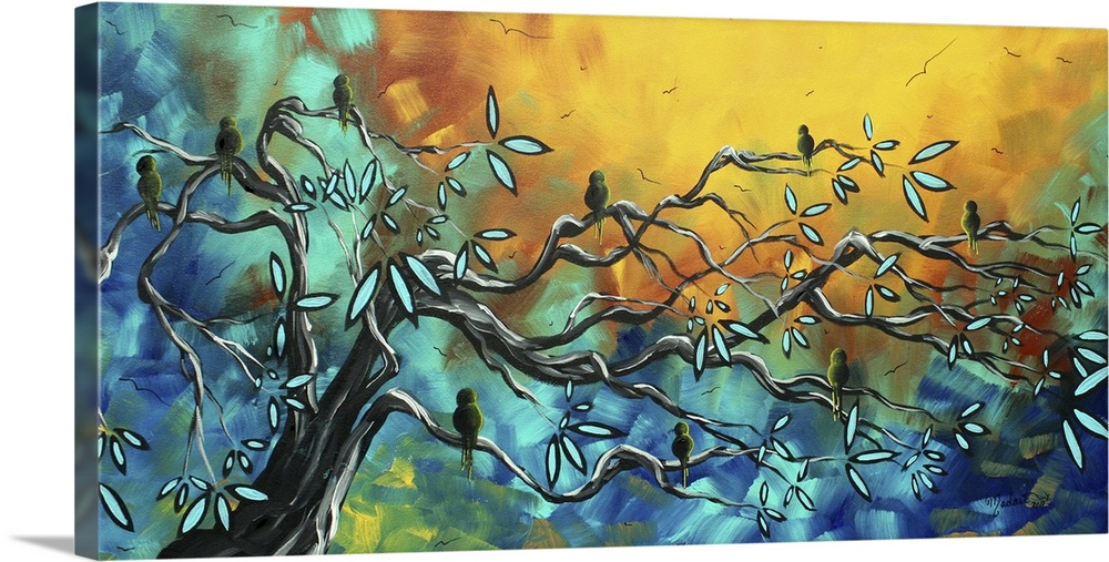 Contemporary abstract panoramic painting of tree with long horizontal branches with leaves with colorful background full o...