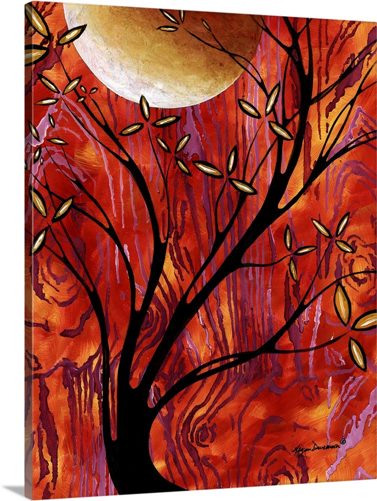Contemporary painting of a tree with long curving branches under a large full moon.